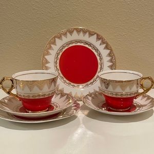 LEONORA TRIO 2 Sets of 3 Red Cream Gold Tea Cup Saucer Plate